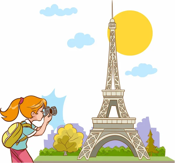 Fotograf Dziewczyna Robi Zdjęcia Eiffel Wieży — Wektor stockowy