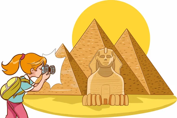 소녀는 이집트 피라미드의 사진을 찍습니다 — 스톡 벡터