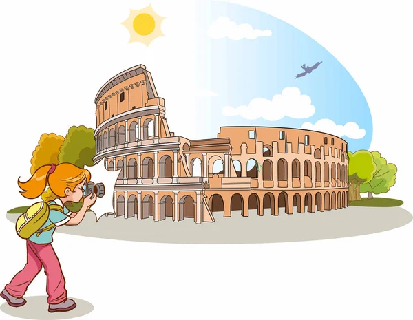 Photographer Girl Takes Photo Italy Колизей — стоковый вектор