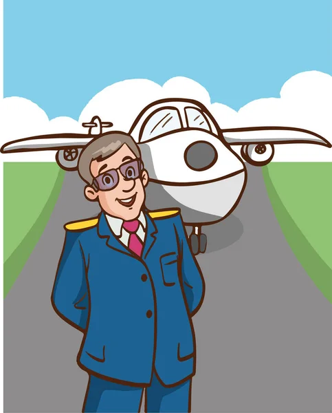 Pilot Cartoon Figur Mit Flugzeug — Stockvektor