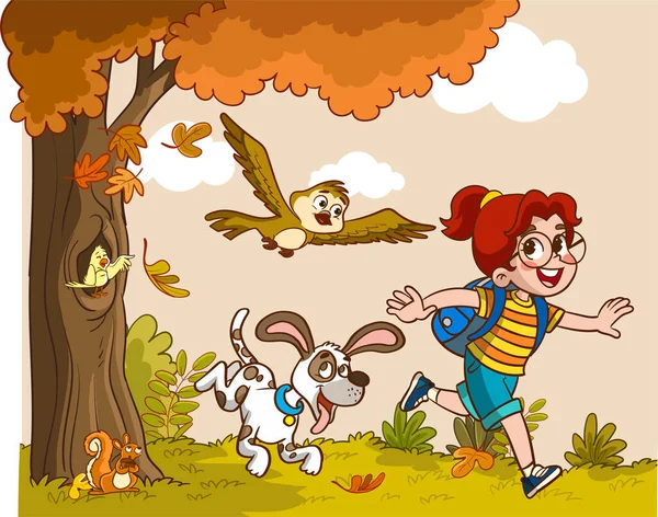 Σκηνή Κινουμένων Σχεδίων Χαρούμενα Παιδιά Που Διασκεδάζουν Στο Δάσος Εικονογράφηση — Διανυσματικό Αρχείο
