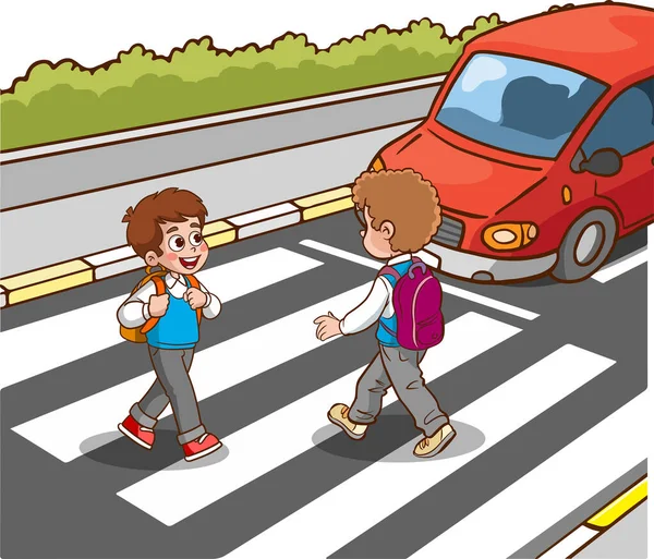 School Children Pedestrians Crossing City Street Zebra Safety Walk Crossroad — Stock Vector