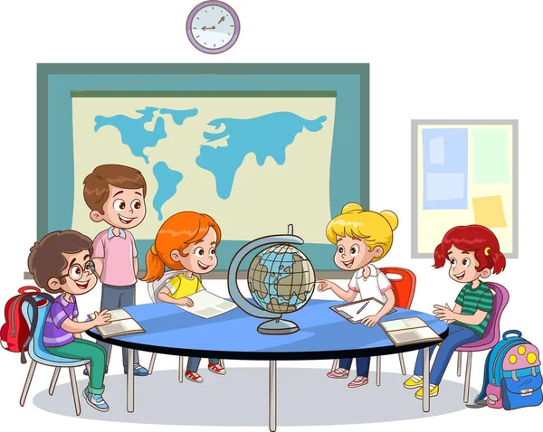School Library Studying Together Kids — Stock Vector