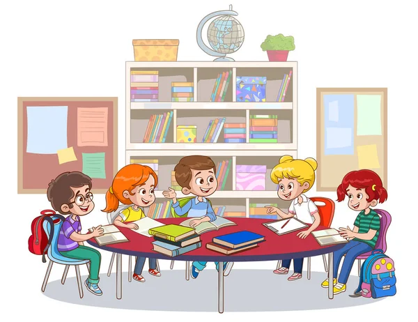 Okul Kütüphanesi Birlikte Eğitim Gören Çocuklar — Stok Vektör