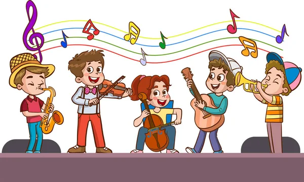 Escola Orquestra Crianças Playing Vector Ilustração Banda Música —  Vetores de Stock