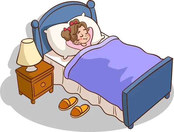 Απεικόνιση Ενός Κοριτσιού Που Κοιμάται Ένα Κρεβάτι Στην Κρεβατοκάμαρά Της — Διανυσματικό Αρχείο