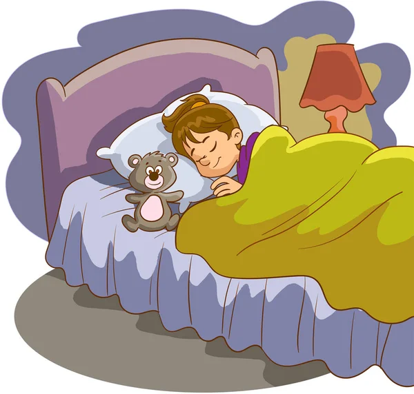 Κοιμισμένο Κοριτσάκι Και Εικονογράφηση Φορέα Αρκουδάκι Της — Διανυσματικό Αρχείο