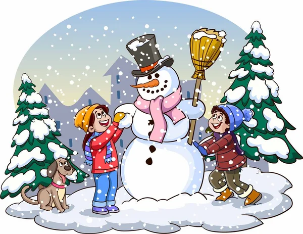 Εικονογράφηση Από Παιδιά Που Κάνουν Έναν Χιονάνθρωπο — Διανυσματικό Αρχείο