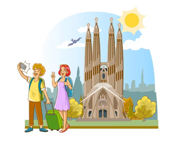 Vektor Illustration Turist Par Som Tar Selfie Sagrada Familia Stor — Stock vektor