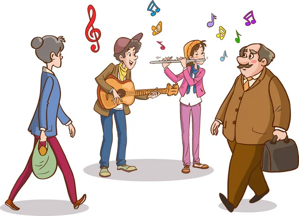 街头音乐家 播放音乐的卡通人物 平面矢量插画 城市街头表演 现代城市生活场景 — 图库矢量图片