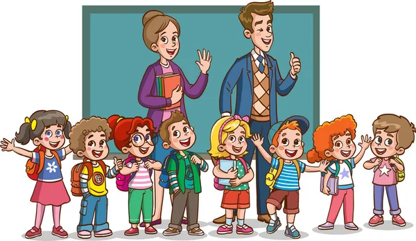 学校の生徒と幸せな先生と漫画幸せな子供たち — ストックベクタ