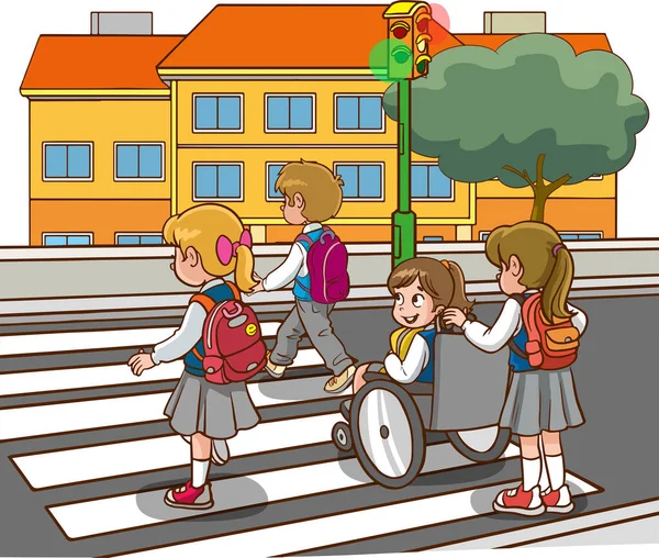Crianças Estudante Atravessando Travessia Pedestre Indo Para Escola — Vetor de Stock