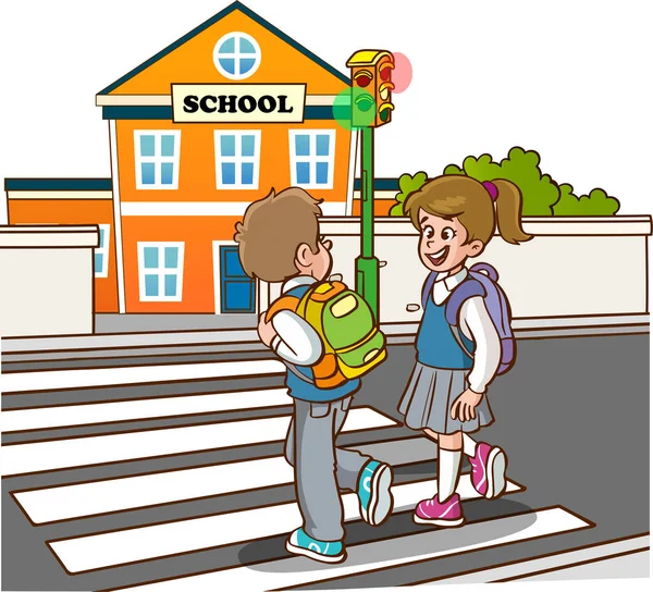 歩行者を横断する学生の子供が学校に行く — ストックベクタ