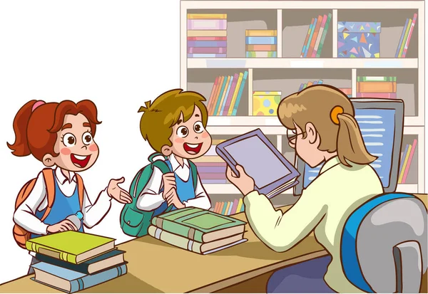 Студентські Діти Беруть Книгу Бібліотеки Мультиплікаційний Вектор — стоковий вектор