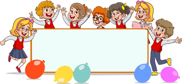 Illustrazione Vettoriale Cartone Animato Bambini Possesso Banner Segno Vuoto Modello — Vettoriale Stock