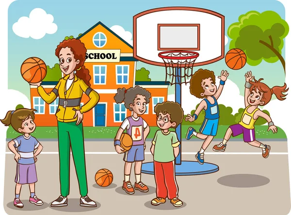 Çizgi Film Çocukları Okul Üniforması Içinde Basketbol Oynuyorlar — Stok Vektör