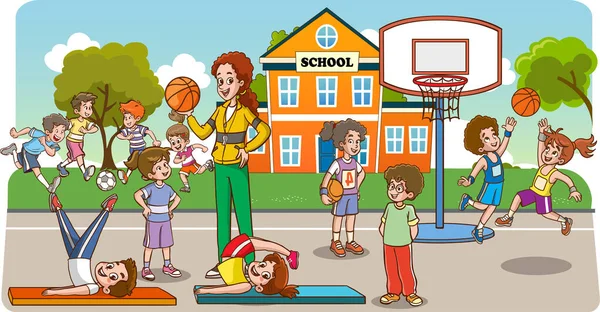 Basketbol Oynayan Çocukların Çizgi Film Çizimi — Stok Vektör