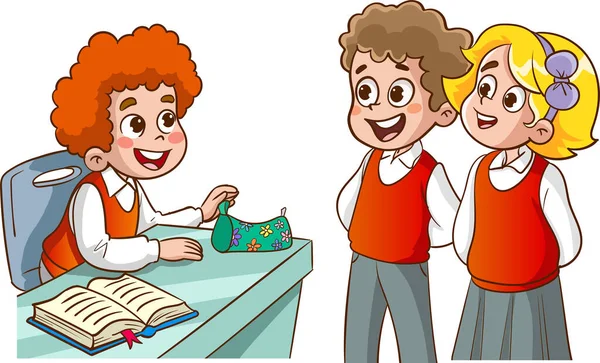 教室のイラストで本を持った2人の男の子と女の子 — ストックベクタ