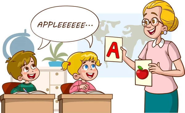 一个老师和一个女孩在学校展示苹果的图片 — 图库矢量图片