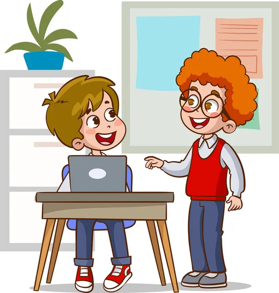 Illustration Happy Schoolchildren Using Computer — Stock Vector