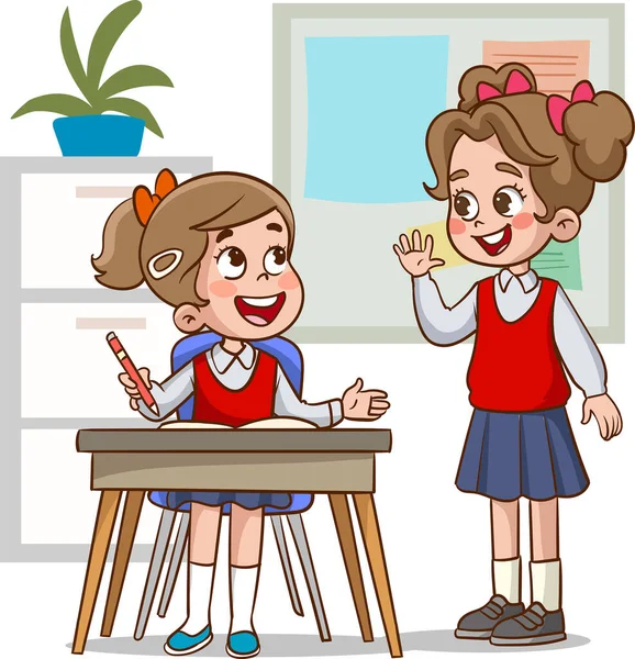 机とチョークボードが付いている教室の女子生徒 — ストックベクタ
