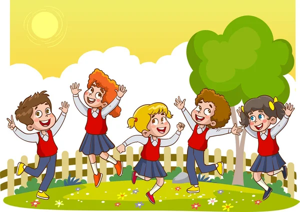 Schoolkinderen Uniform Zwaaien Het Park Illustratie — Stockvector