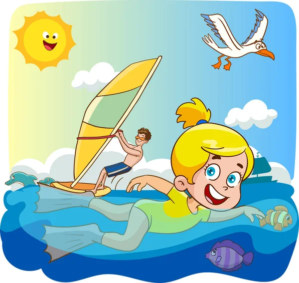 Παιδιά Που Κολυμπούν Στη Θάλασσα Καλοκαίρι Φορέα Κινουμένων Σχεδίων — Διανυσματικό Αρχείο