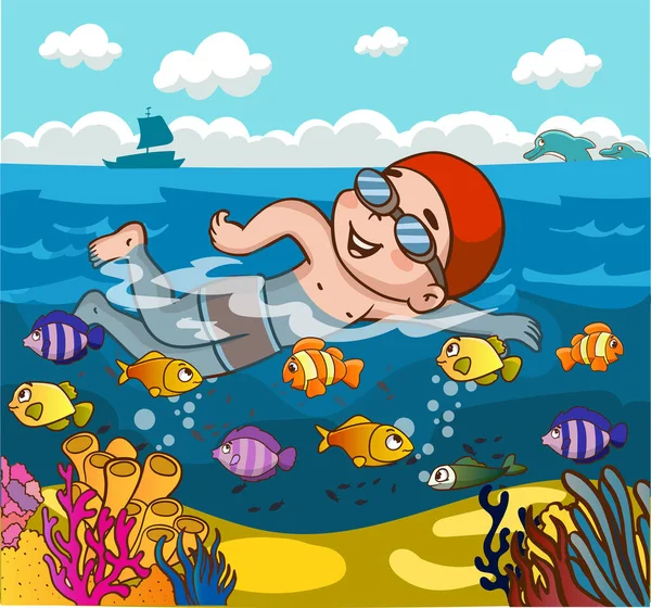 Niños Nadando Mar Verano Vector Dibujos Animados — Vector de stock