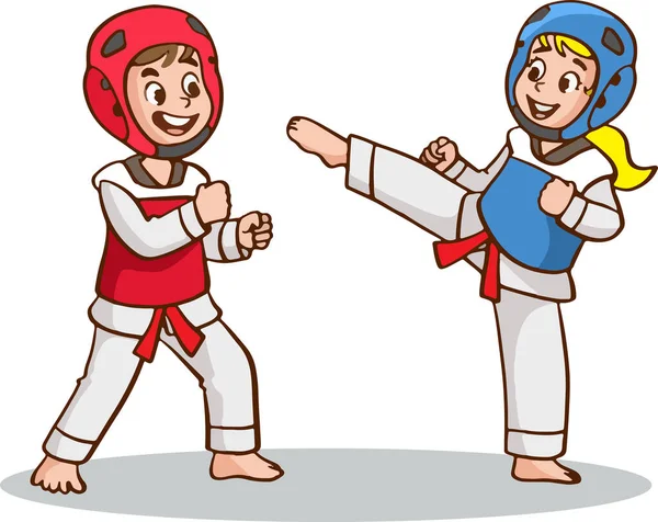卡通小孩穿和服制服武术训练 空手道或跆拳道字符图 — 图库矢量图片
