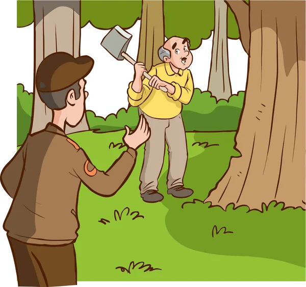 木を切った男と警告した森林警備隊 — ストックベクタ