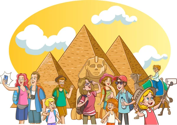 Turyści Przed Piramidami Egipcie — Wektor stockowy