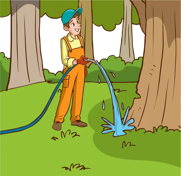 Albero Irrigazione Uomo Cartone Animato Vettore — Vettoriale Stock