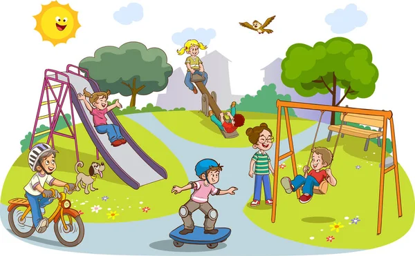 Çocuk Parkında Oynayan Mutlu Çocukların Vektör Illüstrasyonu — Stok Vektör