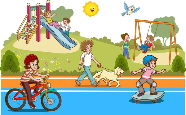 Reklama Vektorová Ilustrace Šťastných Dětí Které Hrají Hřišti — Stockový vektor