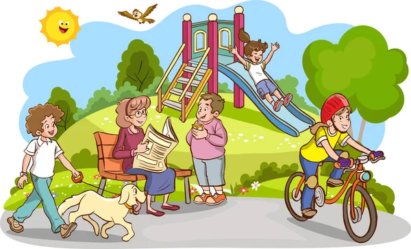 Anzeige Vektorillustration Glücklicher Kinder Beim Spielen Auf Dem Spielplatz — Stockvektor