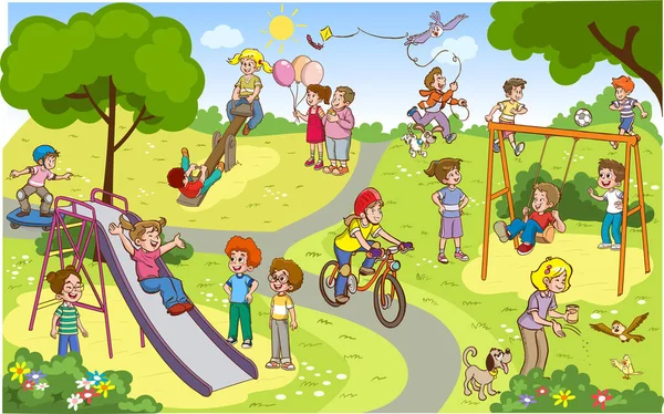 Çocuk Parkında Oynayan Mutlu Çocukların Vektör Illüstrasyonu — Stok Vektör