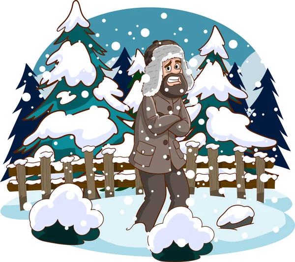 Διανυσματική Απεικόνιση Του Ανθρώπου Ψύξη Στο Κρύο Ενώ Χιονίζει — Διανυσματικό Αρχείο