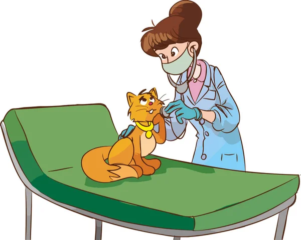 Veterinário Mulher Trata Bonito Gato Desenho Animado Vetor —  Vetores de Stock