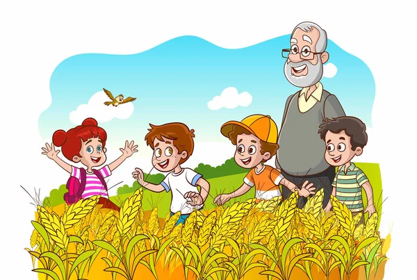 Büyükbaba Çocukların Buğday Tarlasında Vektör Çizimi — Stok Vektör