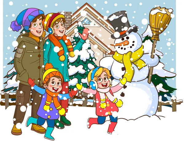 冬の子供と雪の雪 冬の家族と雪のベクトル — ストックベクタ
