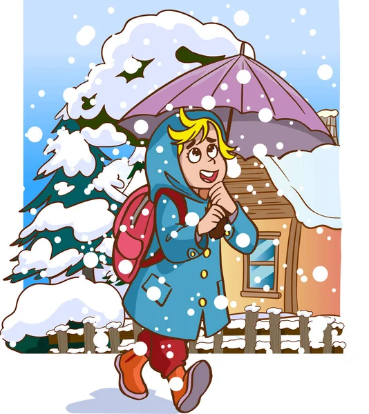 Χειμώνα Κορίτσι Και Χιόνι Χιονόπτωση Εικονογράφηση Φορέα Κινουμένων Σχεδίων — Διανυσματικό Αρχείο