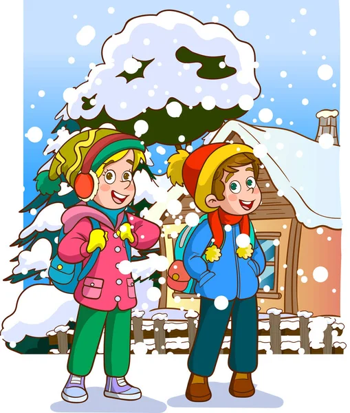 Winterkinderen Sneeuwval Winter Familie Sneeuw Sneeuwval Vector — Stockvector