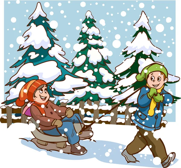 Bambini Invernali Nevicate Inverno Famiglia Neve Neve Vettoriale — Vettoriale Stock