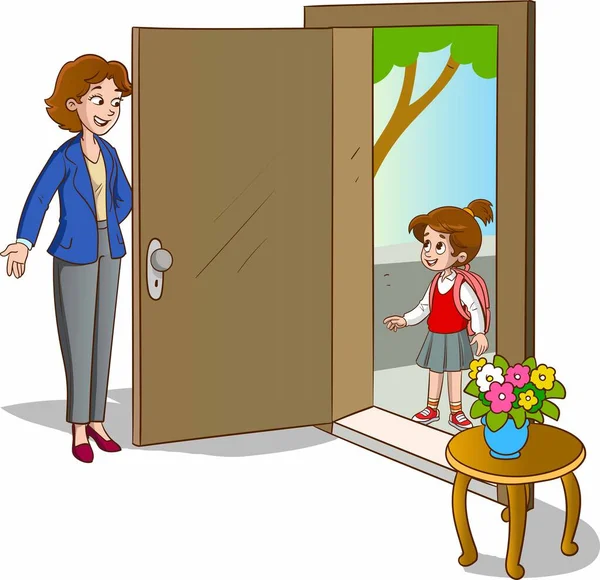 Μητέρα Καλωσορίζει Την Κόρη Της Στην Πόρτα — Διανυσματικό Αρχείο
