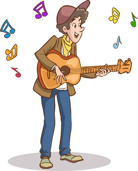 Músico Dibujos Animados Toca Guitarra Acústica — Archivo Imágenes Vectoriales