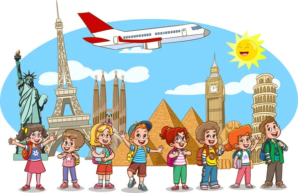 Dünya Turu Çocuklar Turist — Stok Vektör