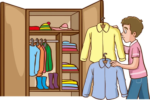 Junger Mann Legt Seine Hemden Den Kleiderschrank — Stockvektor