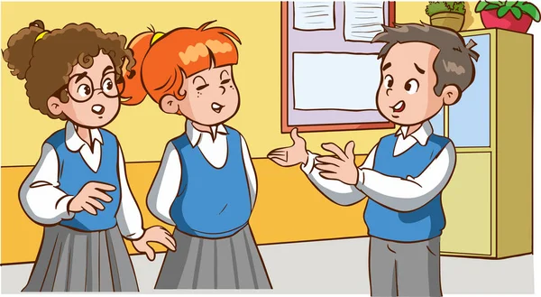 在学校卡通人物面前互相交谈的学生 — 图库矢量图片