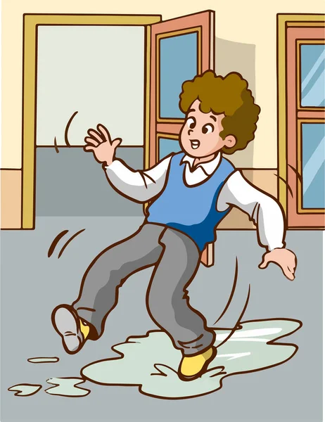 Boy Slipping Wet Floor Cartoon Vector — Stock Vector