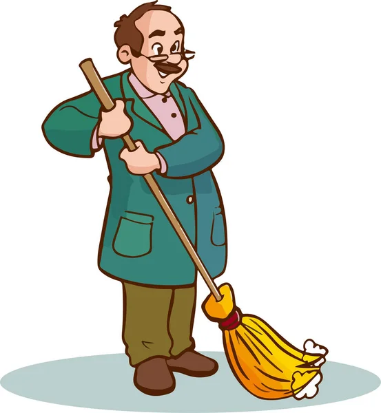 男で制服を着て床を掃除しますとともにほうき漫画ベクトル — ストックベクタ